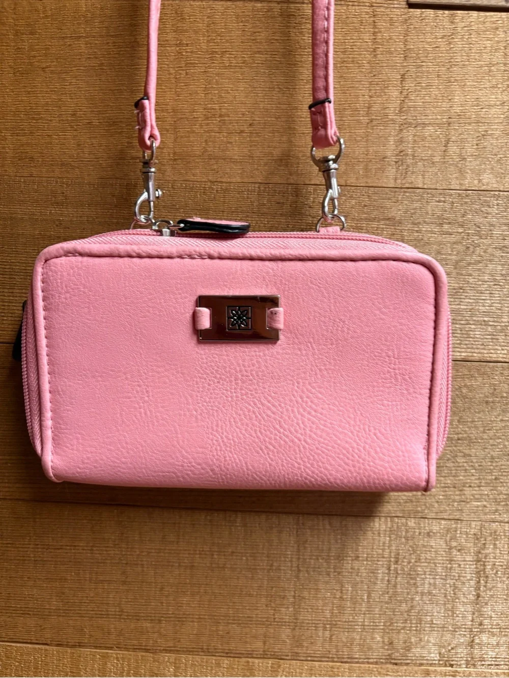 Pink Pebbled Crossbody Wallet Organizer Bag Detachable Strap Silver Hardware